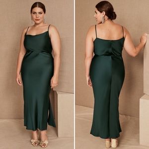 NEW BHLDN Cali Satin Charmeuse Midi Bridesmaids Dress Dark Emerald Green Size 22